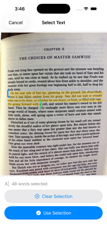 BookSnippet app on iPhone showing a scanned book page with a highlighted passage